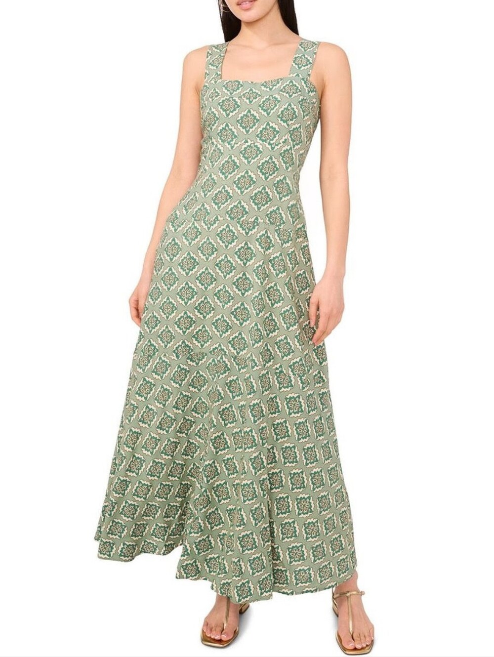 NWT Vince Camuto Sleeveless Maxi Dress in Green and Cream Geometric Print 3X